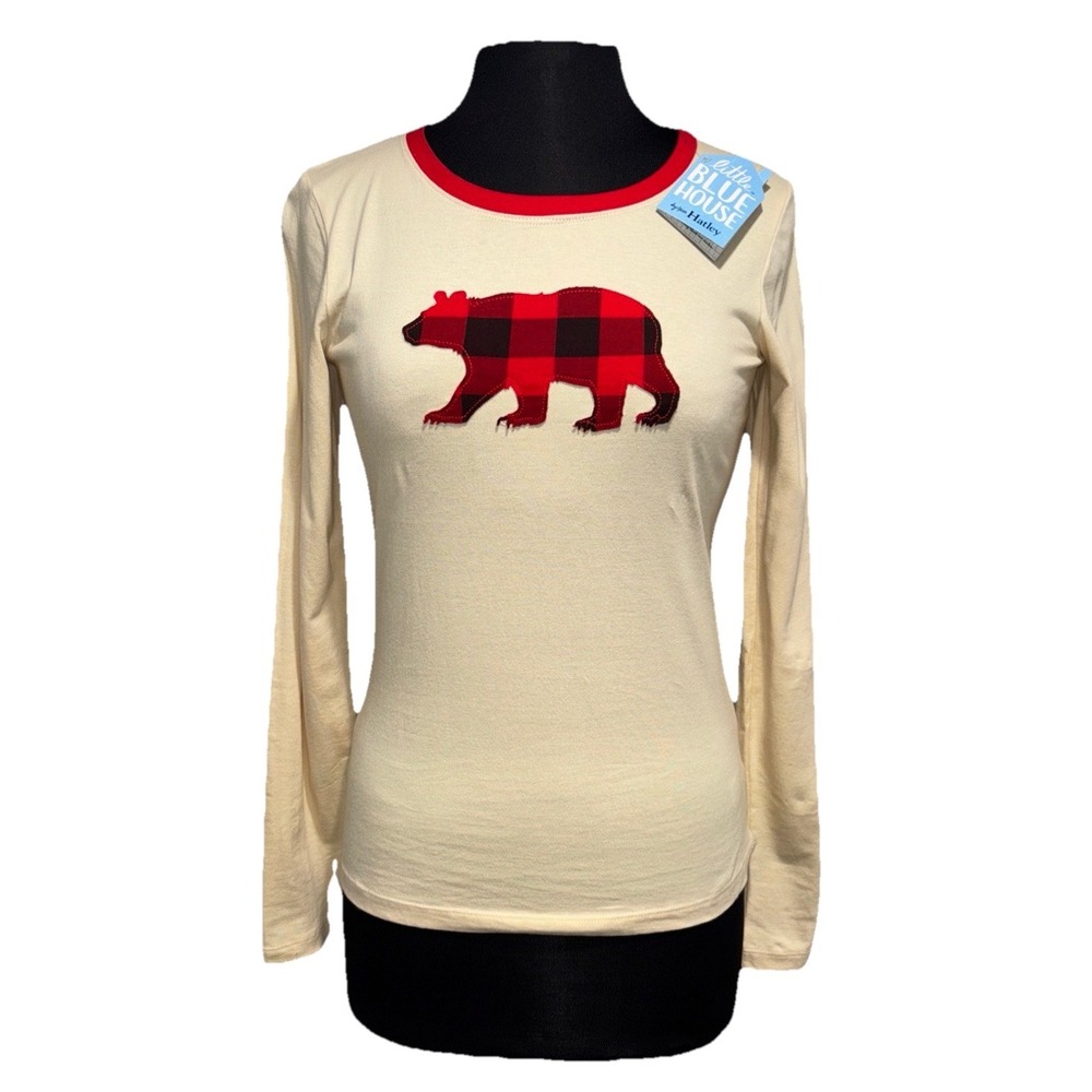 NEW Little Blue House Buffalo Plaid Tee‎ PJ Top Bear Size XS Cream Red Black